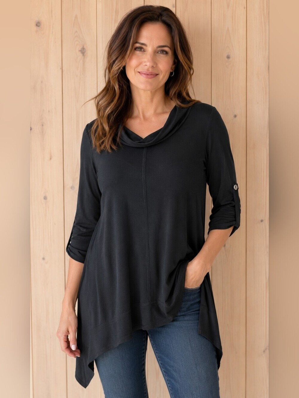 Joseph Ribkoff Black Draped Cowl-Neck Tunic with Roll-Tab Sleeves